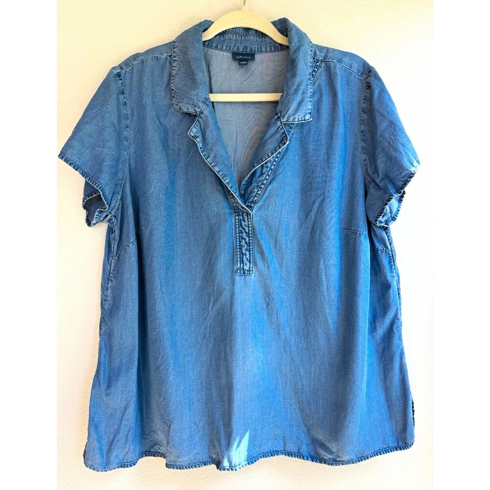 J. Jill Women's XL Blue Denim 100% Lyocell Collared Short Sleeve Blouse